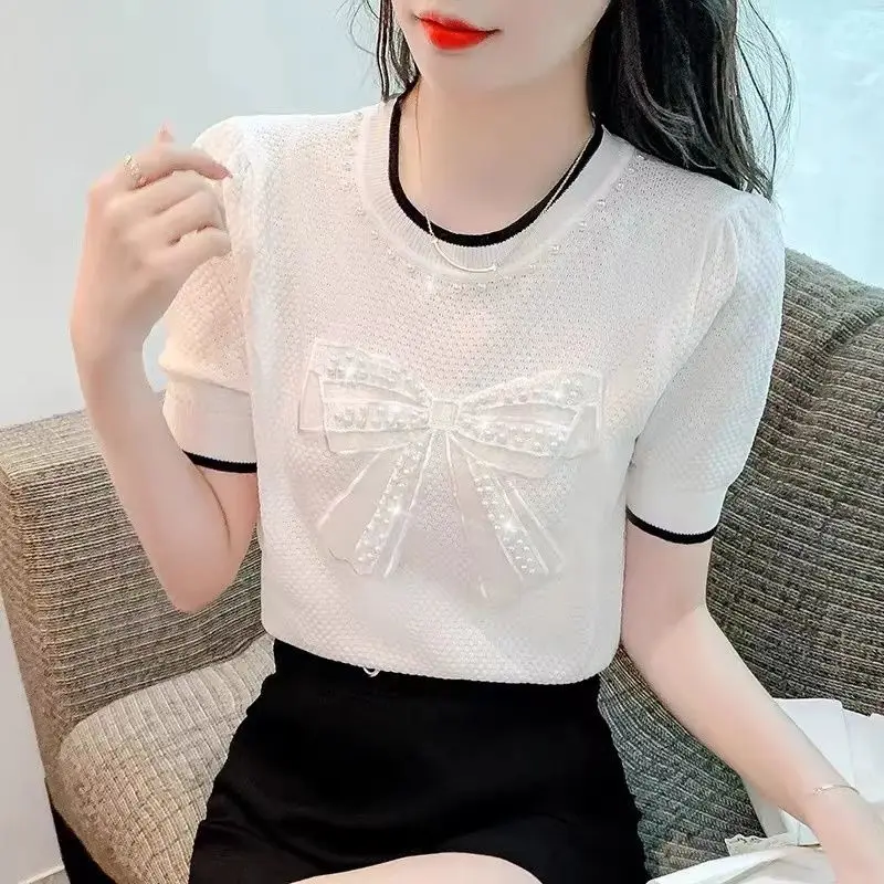 

Gaodinglan Fashion Pearl Bow Short Sleeve Women T-shirts Summer Round Neck Slim Fit Tops Female Temperament Knitted Tees Korean