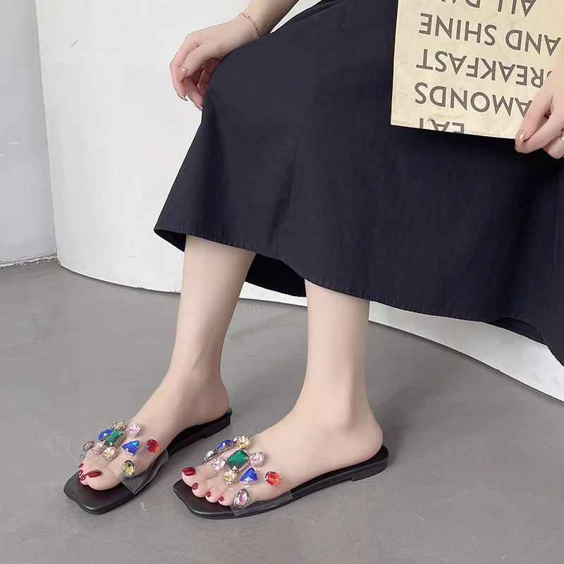 Large size women's flat bottom sandals 2022 summer new outer wear rhinestone square root slipper