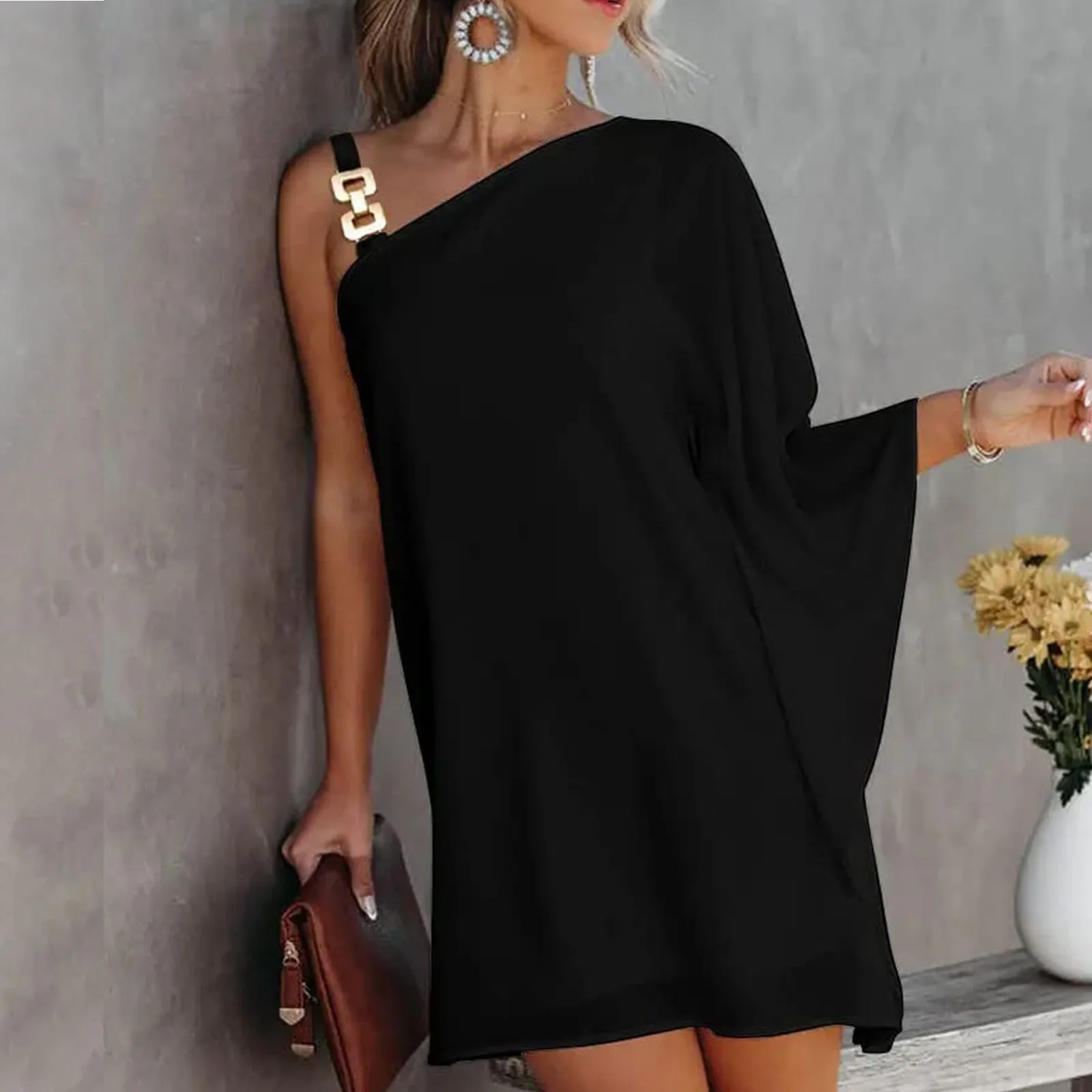 

Summer Dress For Women One Shoulder Half Bat Sleeve Solid Casual Dresses Loose Metal Strap Casual Sweater Dresses for Women