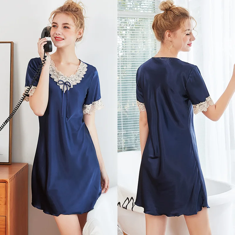 Ice Silk Women's Nightgowns Lace Edge Sleepwear Summer Short Sleeves Night Dress Women Elegant Solid Color Sweet Style Dresses