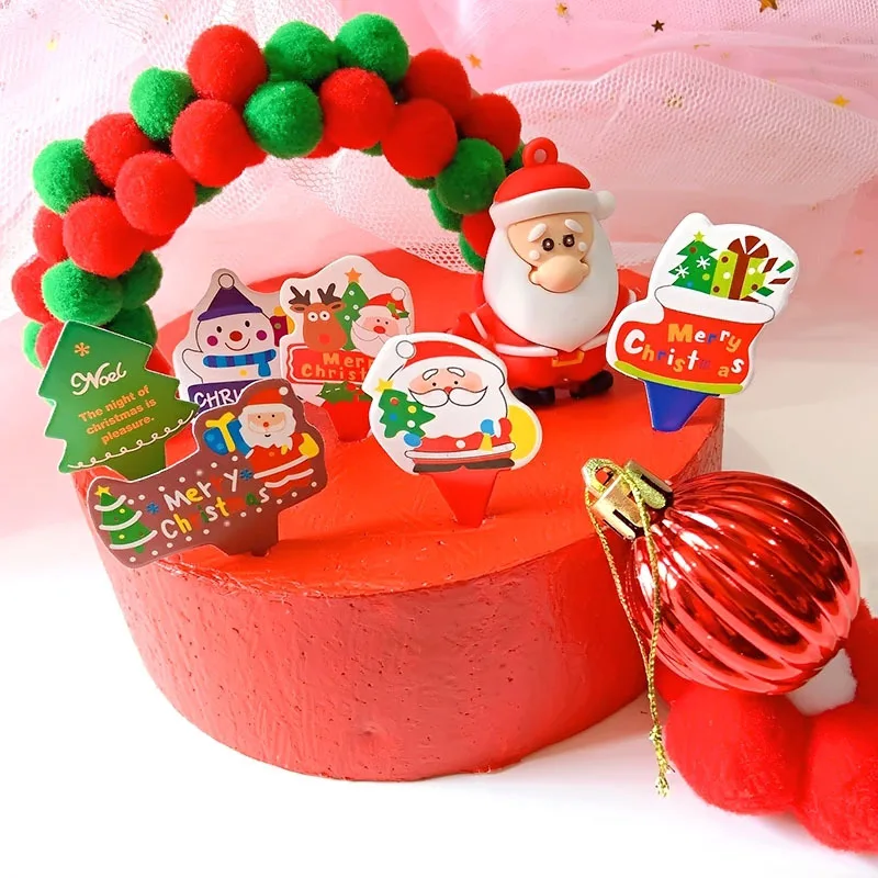 

50pcs Christmas Cupcake Decor Cartoon Santa Elk Snowman Paper Card Cake Toppers Merry Christma Decor For Home New Year 2023