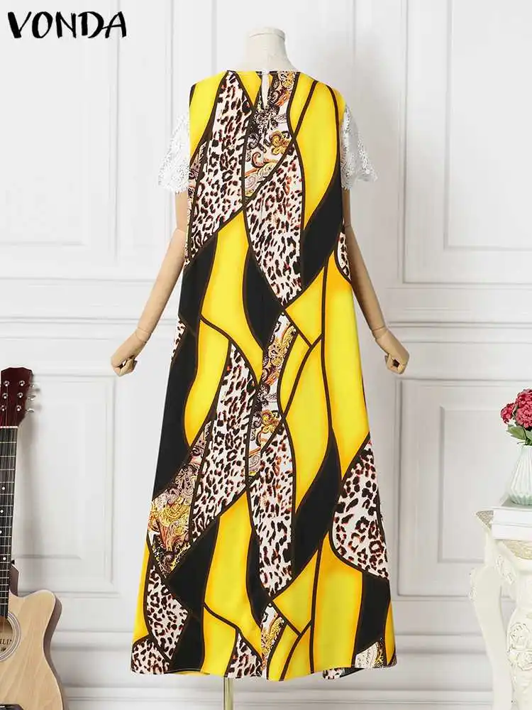Plus Size Women Dress VONDA 2022 Fashion Vintage Lace Patchwork Evening Party Sundress  Bohemian Printed Vintage Vestido 5XL