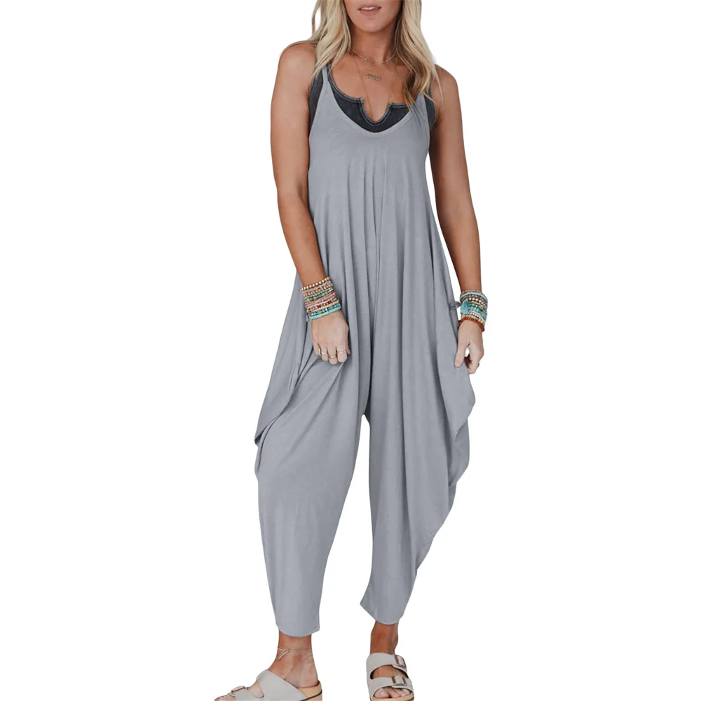 

Женский свободный комбинезон на подтяжках, повседневный однотонный длинный комбинезон без рукавов с U-образным вырезом и открытой спиной, уличная одежда на лето