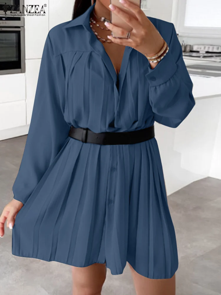 

2022 Spring Long Sleeve Mini Dress ZANZEA Women's Elegant Solid Lapel Shirt Vestidos Casual Holiday Office Pleated Short Dresses