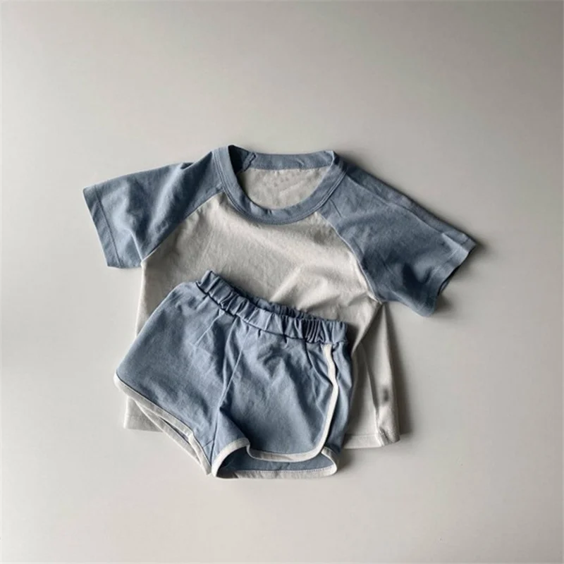 2pcs Baby Boys Girls Outfits Sets Summer Fashion Short Sleeve Kids T-shirts + Shorts Stitching Color Clothing