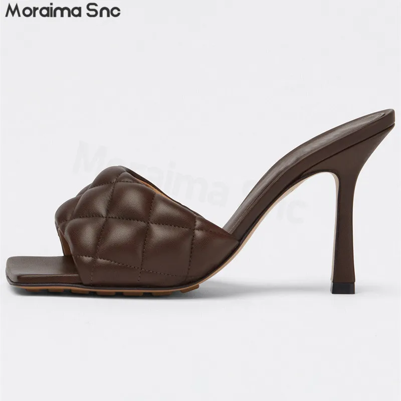 Multi-Color Rhombic Pattern Square Toe Slippers Summer Open Toe Stiletto Ladies Sandals Large Size Fashion Temperament Slippers