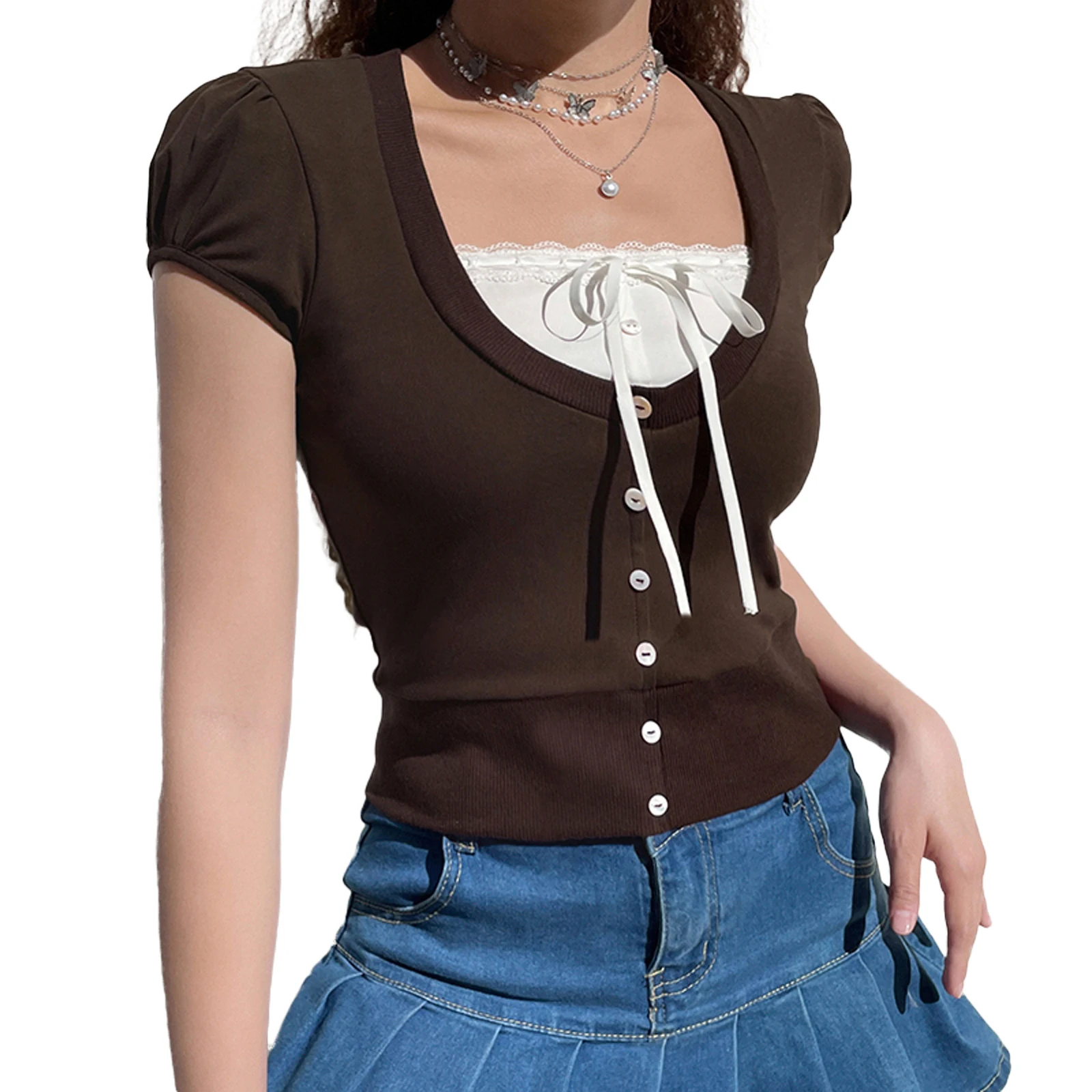 

Lace Plaid Patchwork Top Vintage Goth Short Sleeve Basic Sweats Shirt Cute Chic Slim Clothes Women Sweet Casual Tee