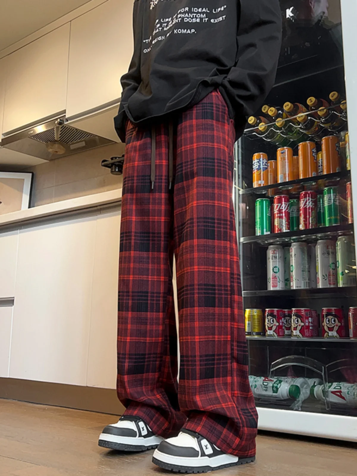 Light Brown Plaid Casual Pants Men's 2024 Spring and Autumn New Loose Straight Design High Street Wide Leg