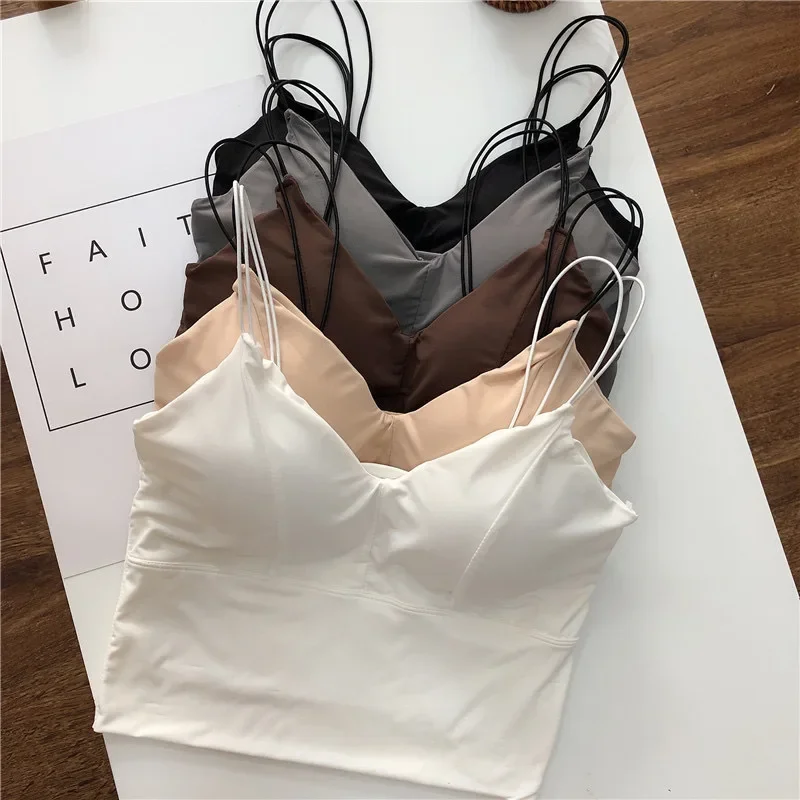 

Thin Belt Solid Color Ice Silk Seamless Halter Back Underwear for Women with Chest Pad Back Heart To Wear Ins