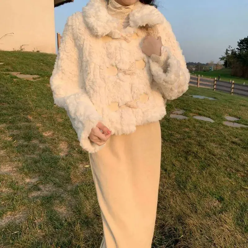 Fashion Turndown Collar Outerwear Winter Women Warm Lamb Wool Plush Coats Jacket Harajuku Style White Loose Faux Fur Thick Coat