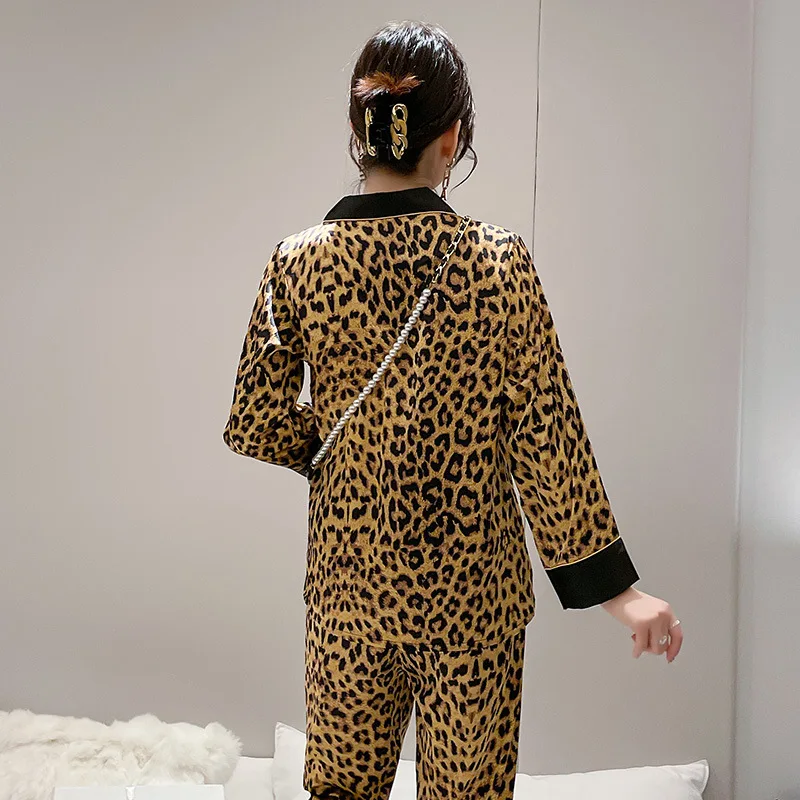 Leopard Lapel Nightwear Summer Women Sleepwear 2PCS Pajamas Suit With Buttons Sexy Loungewear Home Clothes Printed Lingerie