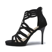 shiny glitter hollow out gladiator sandals women fashion zipper stiletto heels shoes woman summer black platform sandals new
