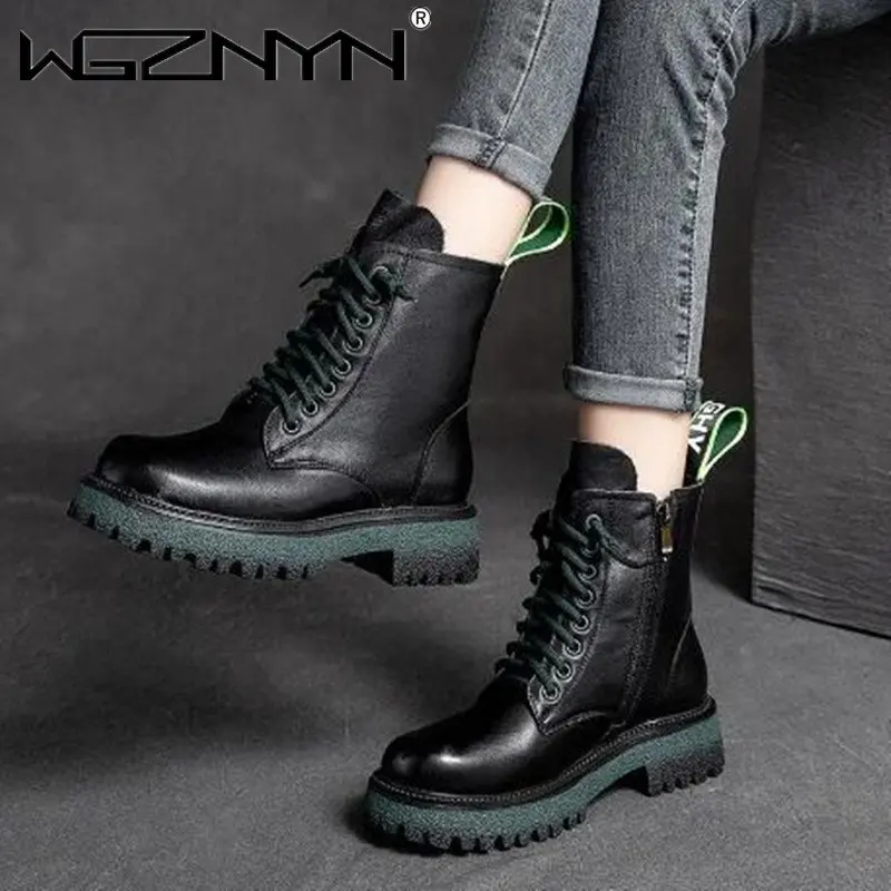 

Женские ботинки из мягкой искусственной кожи, высокие спортивные ботинки на толстой подошве, на низком каблуке, со шнуровкой, в стиле ретро, ...