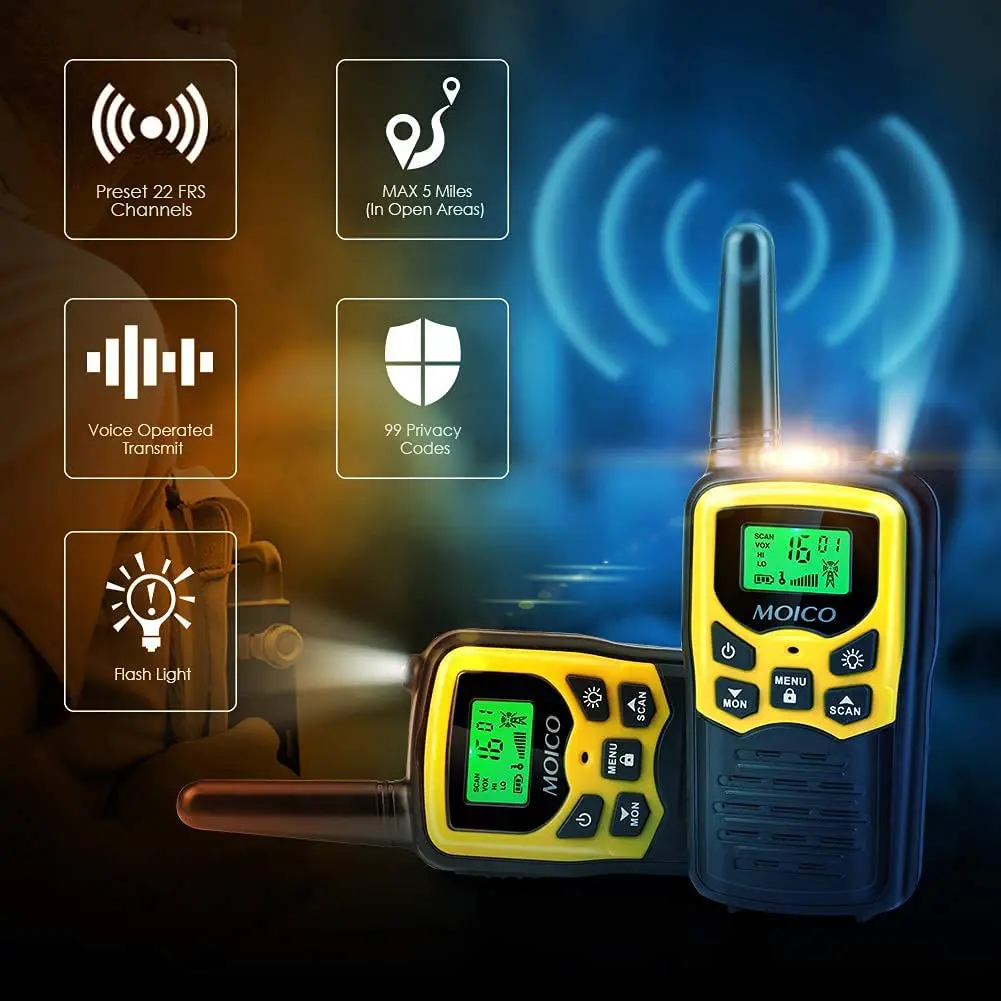 Walkie Talkies with 22 FRS Channels, MOICO Walkie Talkies for Adults with LED Flashlight VOX Scan LCD Display, Long Range