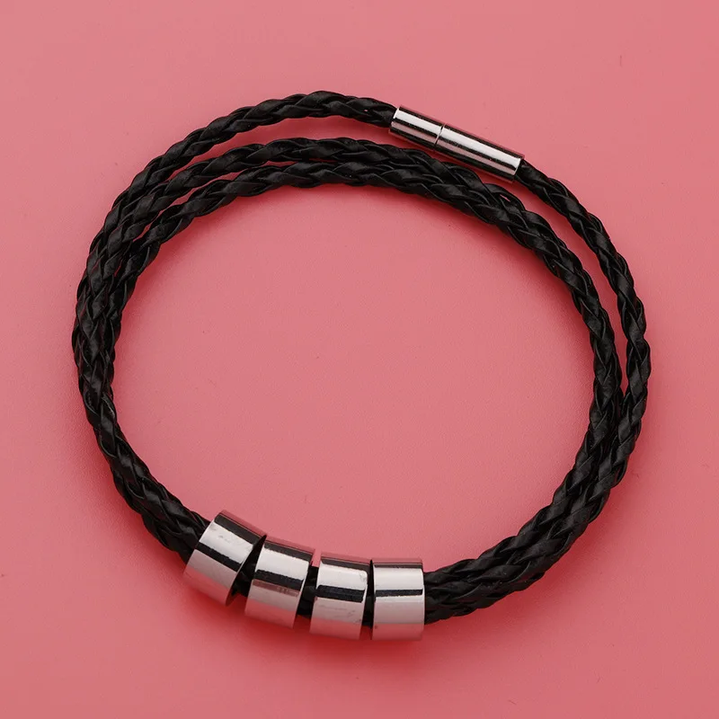 

DIY Beads PU Leather Rope Bracelets Stainless Steel Mirror Polished Beads Bangles Personality Bracelets For Women men 10 ps