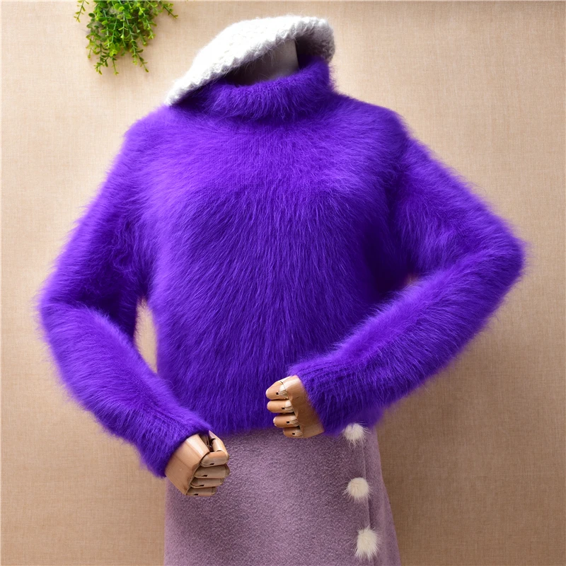

female women autumn winter purple mink cashmere knitted short style crop top turtleneck pullover angora fur sweater jumper pull