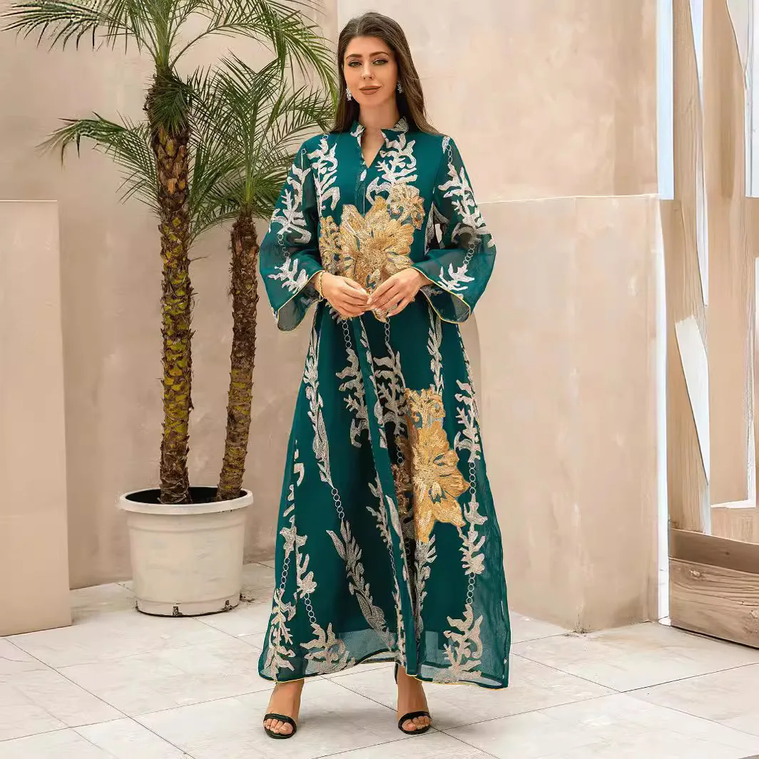 ZD045 Пряжа с вышивкой золотой бисером Мусульманская женщина Джалабия Дубай