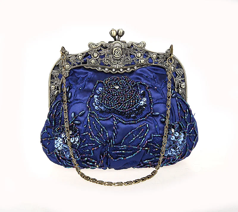 Navy Blue Ladies' Beaded Sequined Wedding Evening Bag Clutch