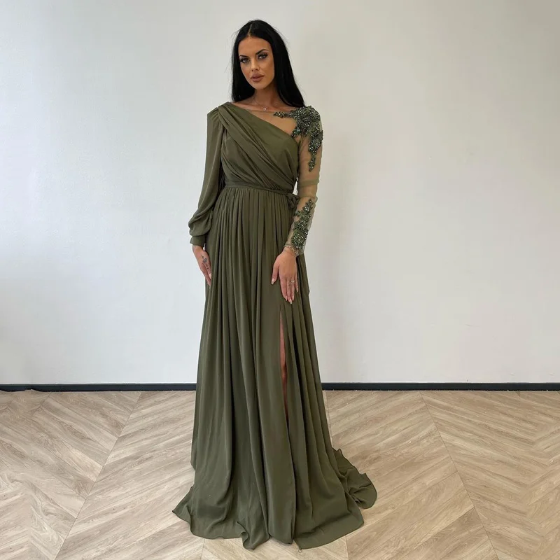 

Dubai Lace Arabic Mermaid Evening Dresses Sheer Long Sleeves Tulle Applique Beaded Formal Prom Party Gowns Celebrity Dresse