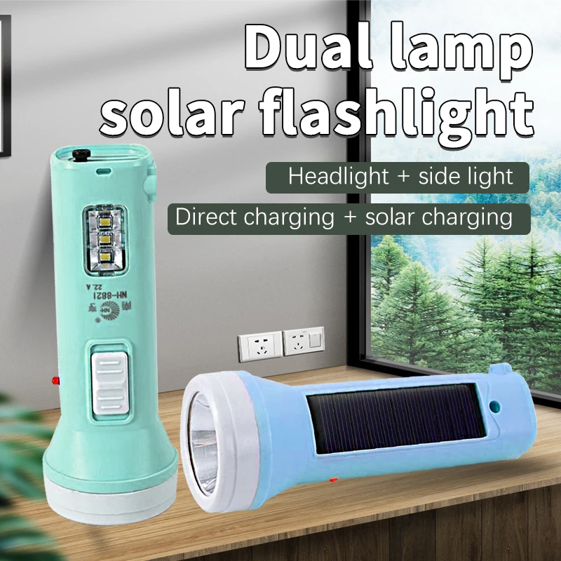 Dual lamp solar flashlight strong highlight flashlight rechargeable lamp portable lighting