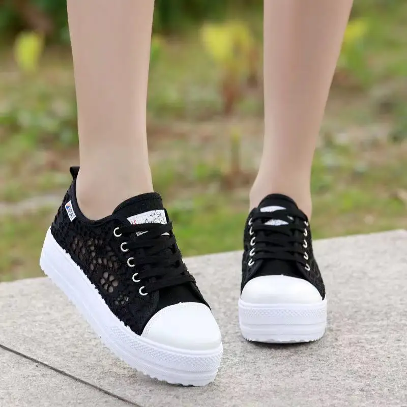 

Women Shoes 2022 Fashion Summer Cutouts Lace Canvas Hollow Breathable Platform Flat Shoes Casual White Shoes Woman Sneakers