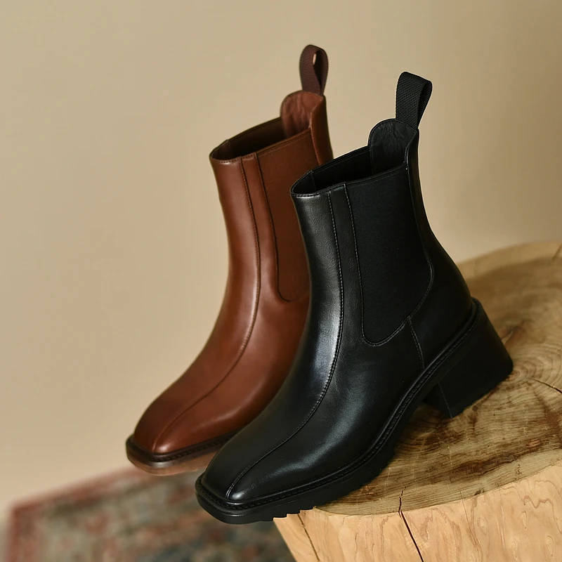 

2022 new autumn and winter Women ankle boots natural Leather plus size 22-25 cm cowhide upper retro square toe chelsea boots