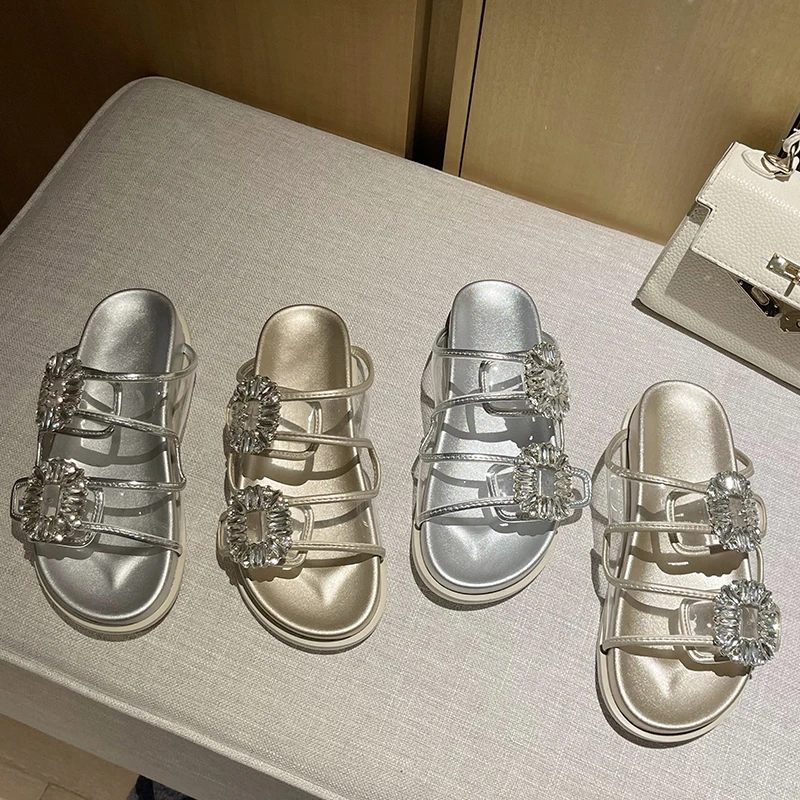 

Fashion Pvc Ladies Slippers Luxury Rhinestones Women Flip Flops Summer Casual Round Toe Slides 2022 Female Shoes Outside Flats
