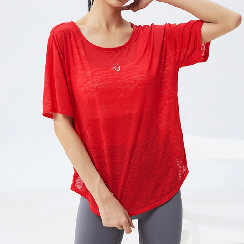 2022 Summer New Translucent Cutout Breathable Short Sleeve Loose Run Gym Workout Tops Women Fashion Yoga Fitness Sports Shirt