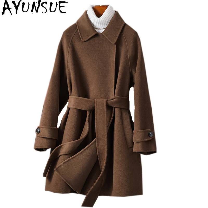 

Ayunsue 100% Wool Coat Women's Winter Jacket Double-Faced Cashmere Coat Women Clothes Belted Trench Coat Female Casaco Feminino