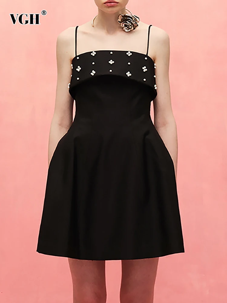 

VGH Sexy Dress For Women Square Collar Sleeveless Patchwork Embroidered Flares High Waist Mini Dresses Female Fashion Summer New