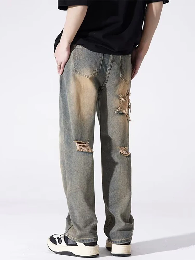 Men's Ripped Jeans Patchwork High Street Straight Wide Leg Pants Retro Loose Fit Wide-Legged Jeans Men Pants
