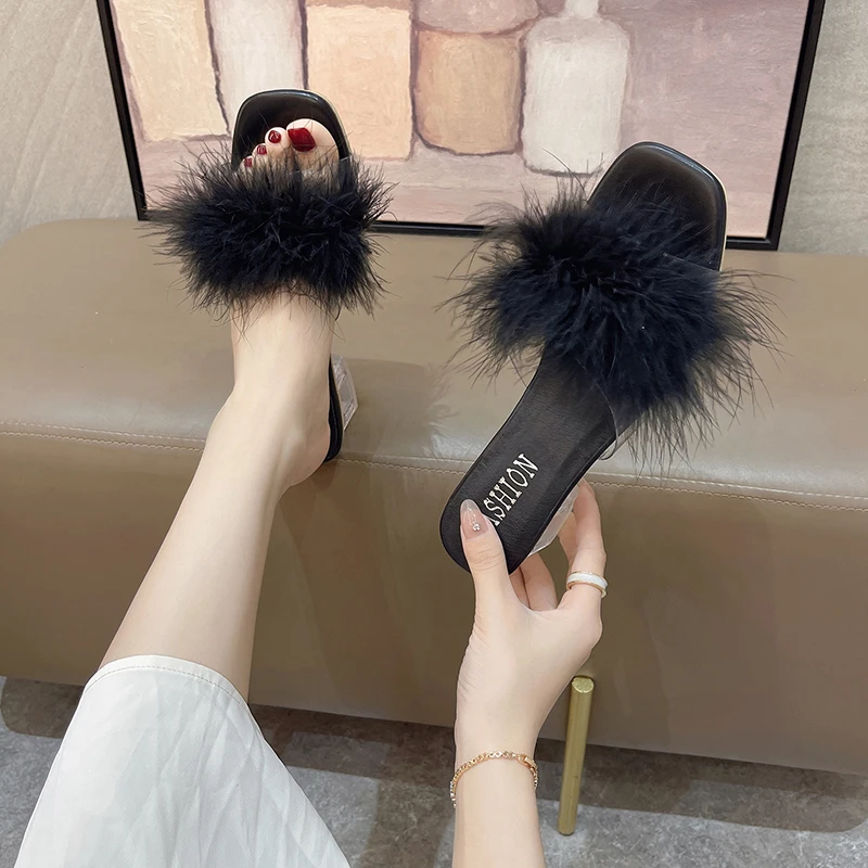 

Fashion Shoes Woman Mules Ladies Slides Summer Slipper Women Lace Pleated Slippers Female Clear Transparent Mid Heels Mules