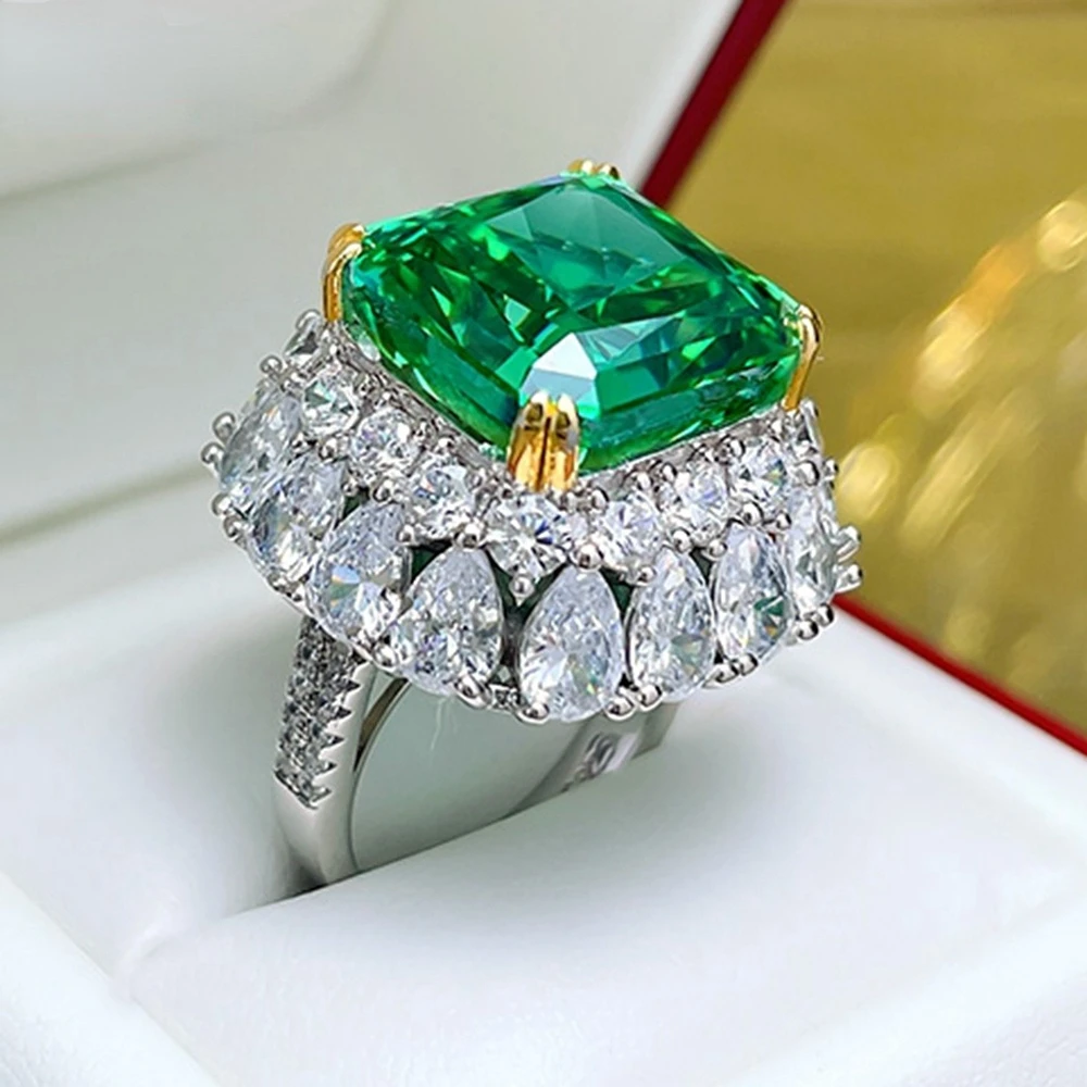 

Real 925 Silver 14mm Synthetic Yellow Green Emerald Gem Moissanite Diamond Rings with Large Stone Luxury Wedding Jewelry