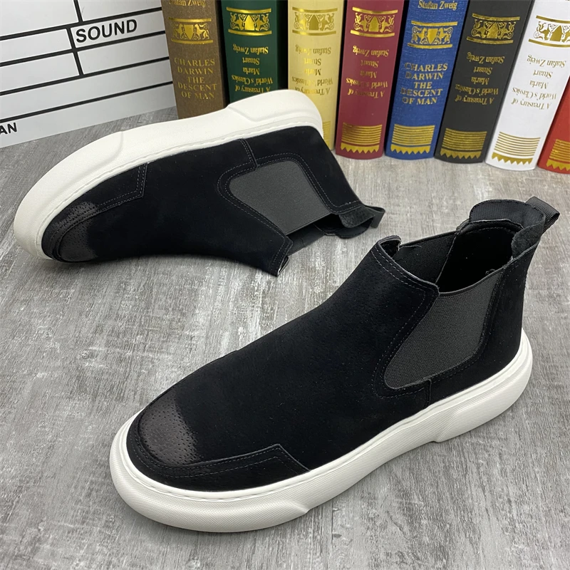 

men casual chelsea boots black tide cow suede leather shoes brand designer cowboy boot breathable platform ankle botas masculina