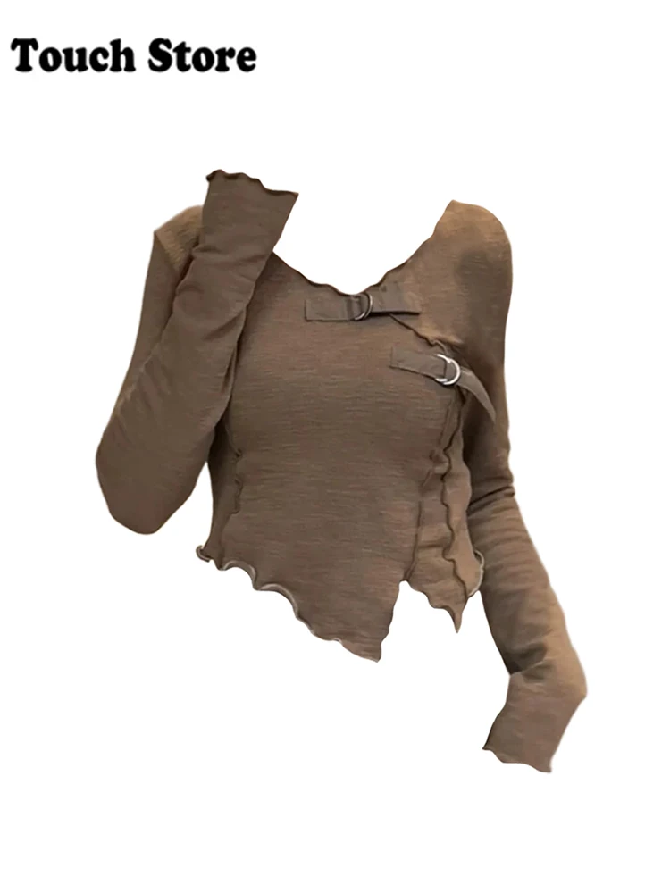 Осень-зима женский кокетка с длинным рукавом нерегулярный укороченный топ Y2k