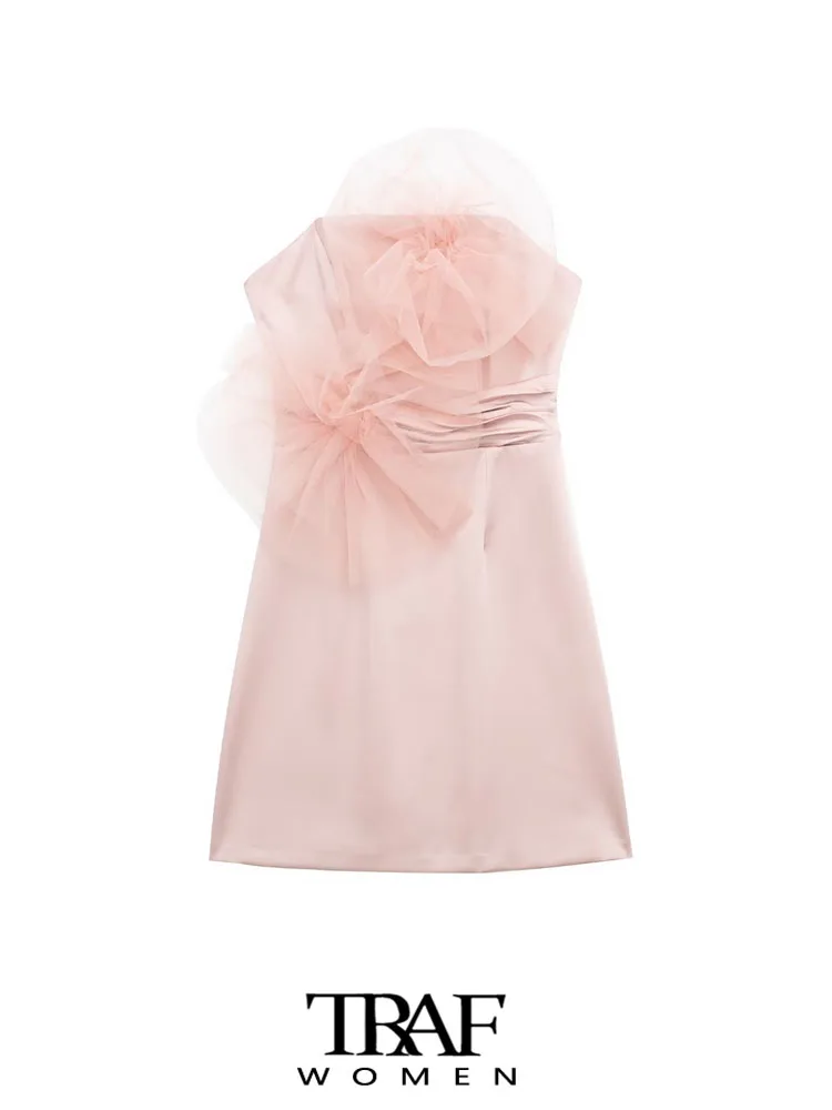 

TRAF Women Fashion Front Floral Tulle Strapless Mini Dress Vintage Straight Neck Backless Zipper Female Dresses Vestidos