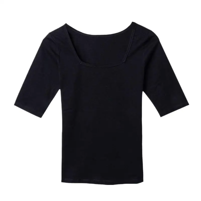 

Summer New Knitted Cotton Elegant Square Coller Crop Tops Simplicity Trendy Casual Basics Half Sleeve UnderShirt Blouses