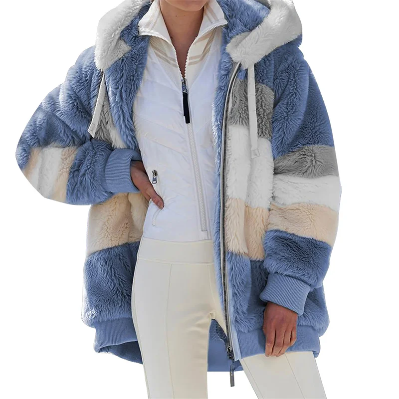 

Winter Women Jacket Warm Plush Casual Loose Hooded Coat Mixed Color Patchwork Outwear Faux Fur Zipper Ladies Parka Coat