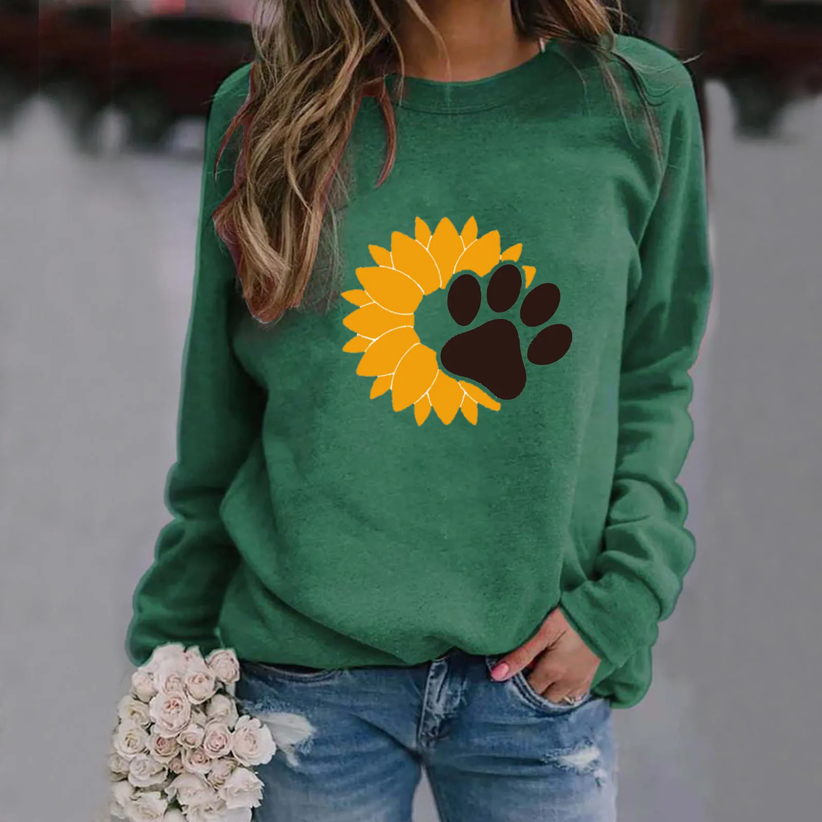 

Women Pullover Blouse Shirt Printing Sleeve O-Neck Long Tops Casual Women's Blouse Large Pocket Thin Sweatshirt