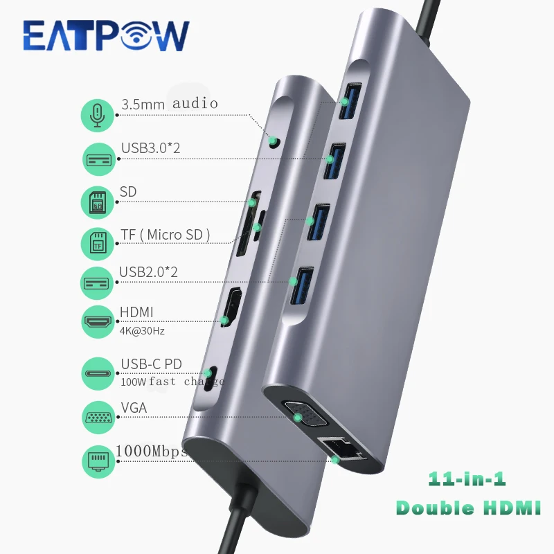 

EATPOW USB HUB To HDMI-compatation VGA PD RJ45 TF/SD Reader Adapter USB3.0 11 Splitter Port Type C HUB for Type C Port Laptop