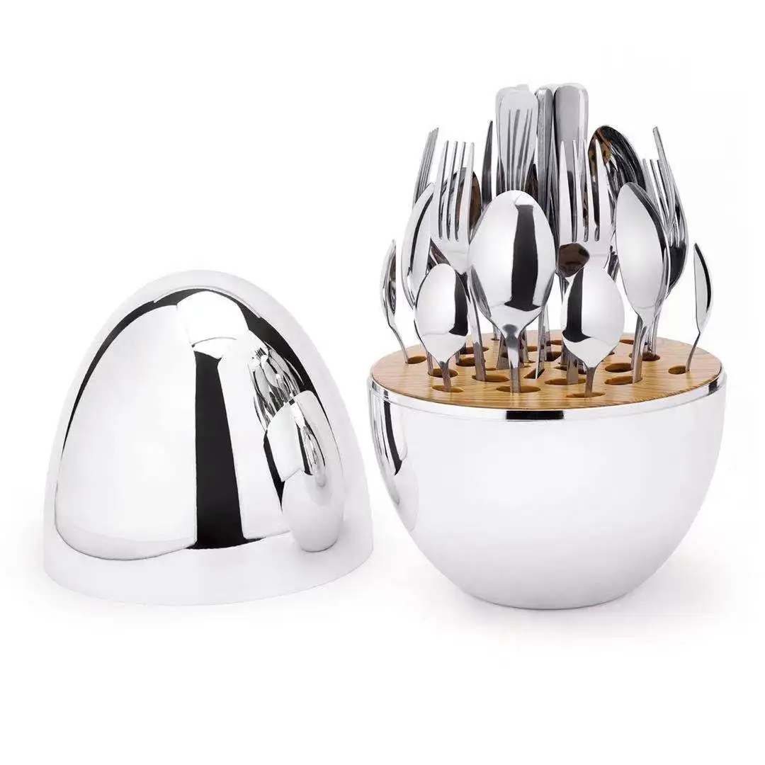 

24 In 1 Mood Egg Tableware Metal Luxury Wooden Snack Dish Stainless Steel Cutlery Set Fruit Dessert Full Tableware of Plates