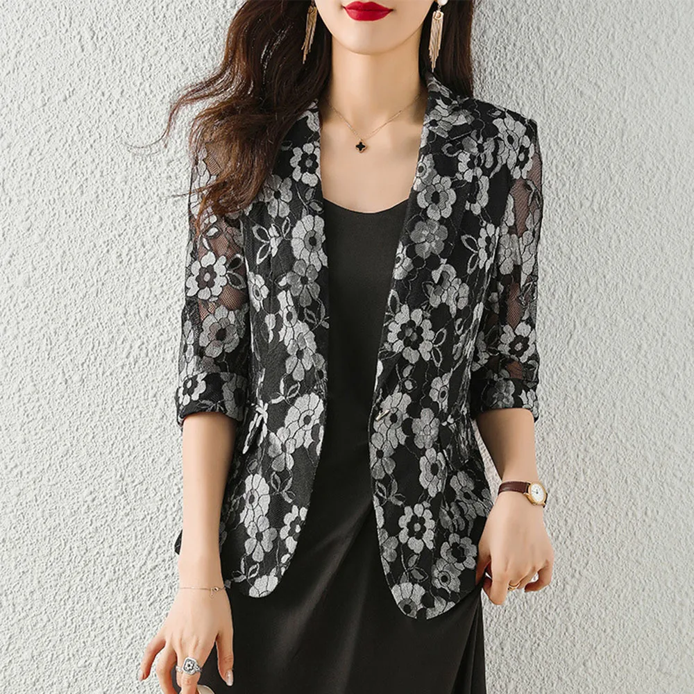 

Women Fashion Black Short Slim Lace Blazers Hollow Suit Jackets Half Sleeve Casual Suit Tops Office Ladies Work Wear Lace Jacket