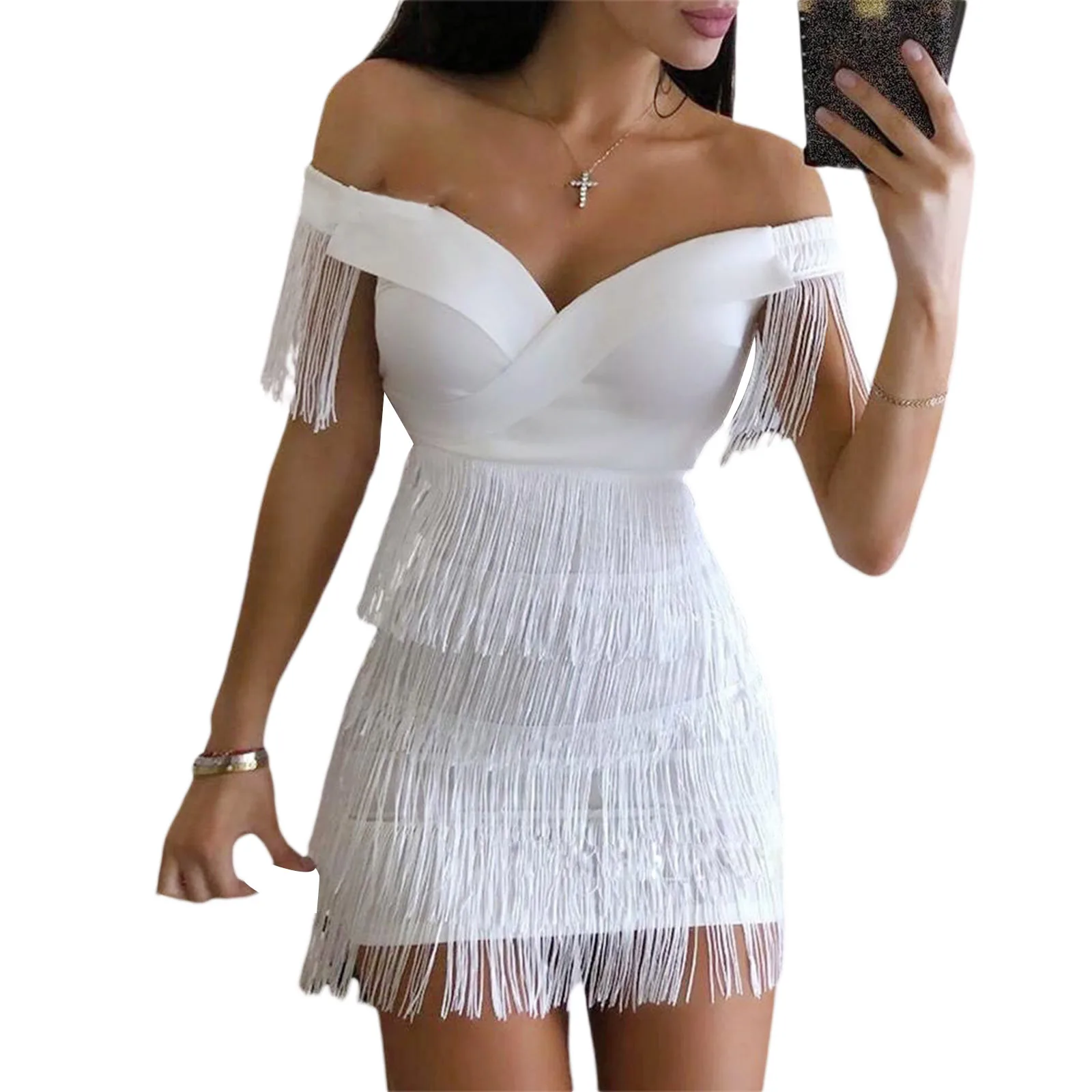 

Women Fashion Bodycon Dress Sleeveless Off-shoulder Tasseled Slim Sexy Elegant Club Party Mini Dress