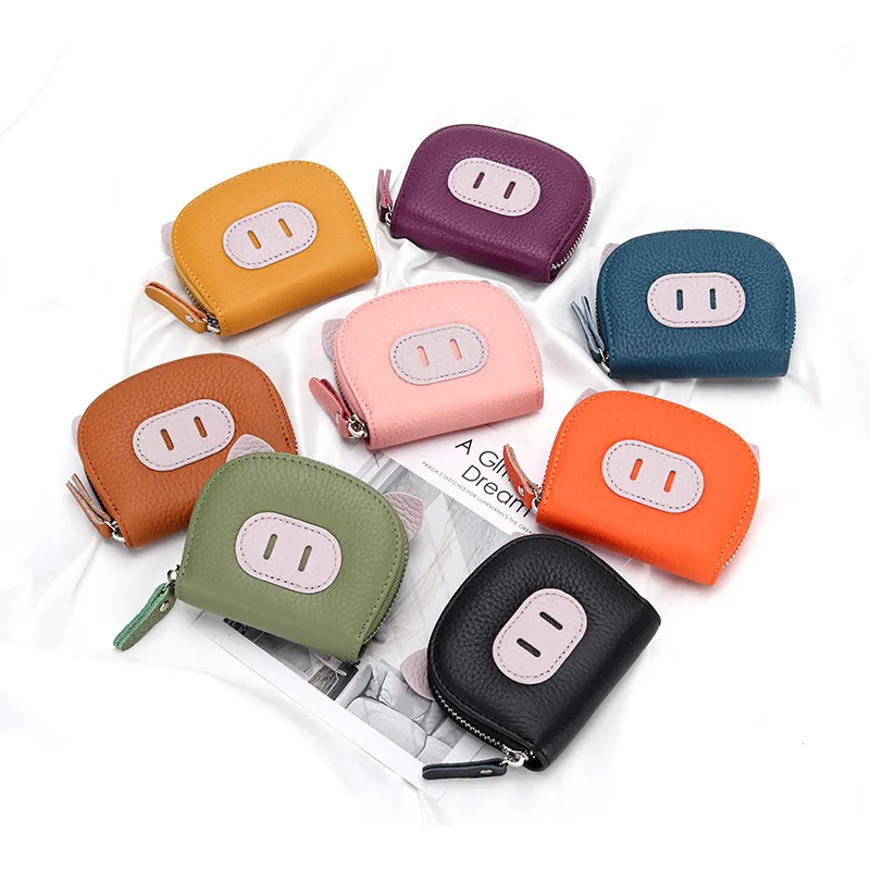 

Cute Pig Shape Card Holders for Female Genuine Cow Leather Cowhide Cartoon Contrast Color Small Short Wallets Women Coin Purse