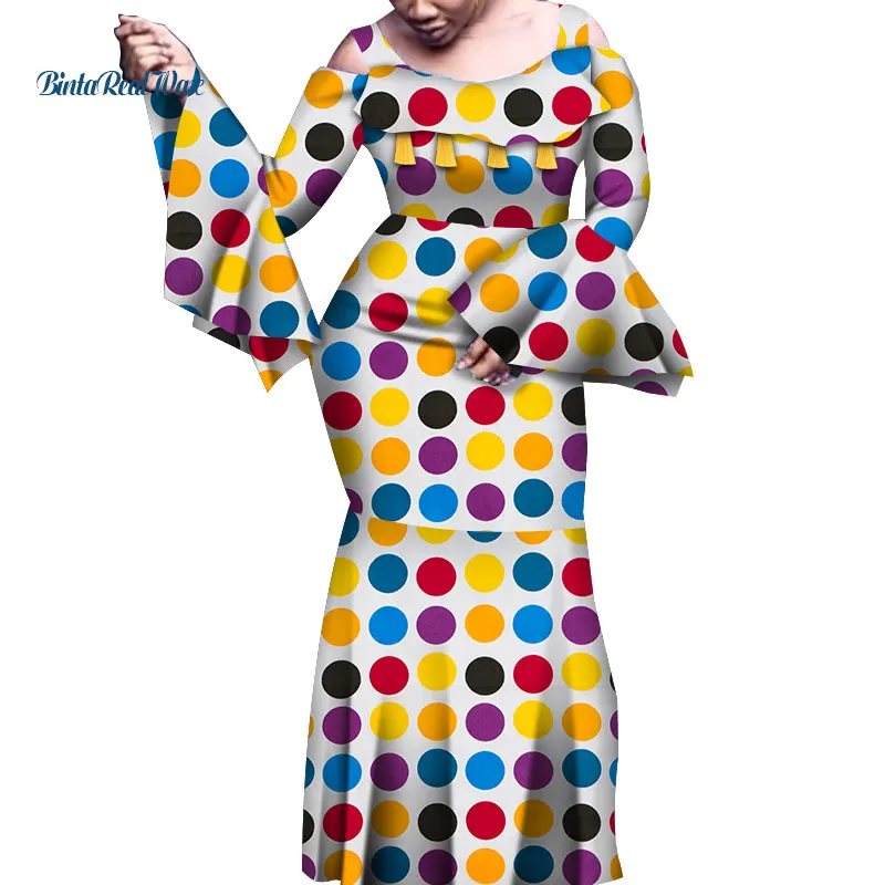 Африканские платья для женщин с принтом Платья расклешенными длинными рукавами