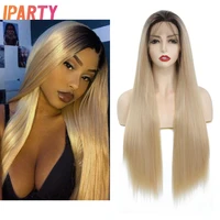 iparty 28 inches synthetic lace ombre blonde heat resistant long straight free part wigs for women multi color optional daily