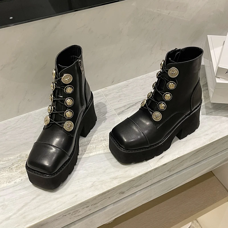 Round Toe Platform Button Cross Elastic Straps Women's Boots Side Zipper Solid Color Black Fashion PU Leather Short Martin Boots