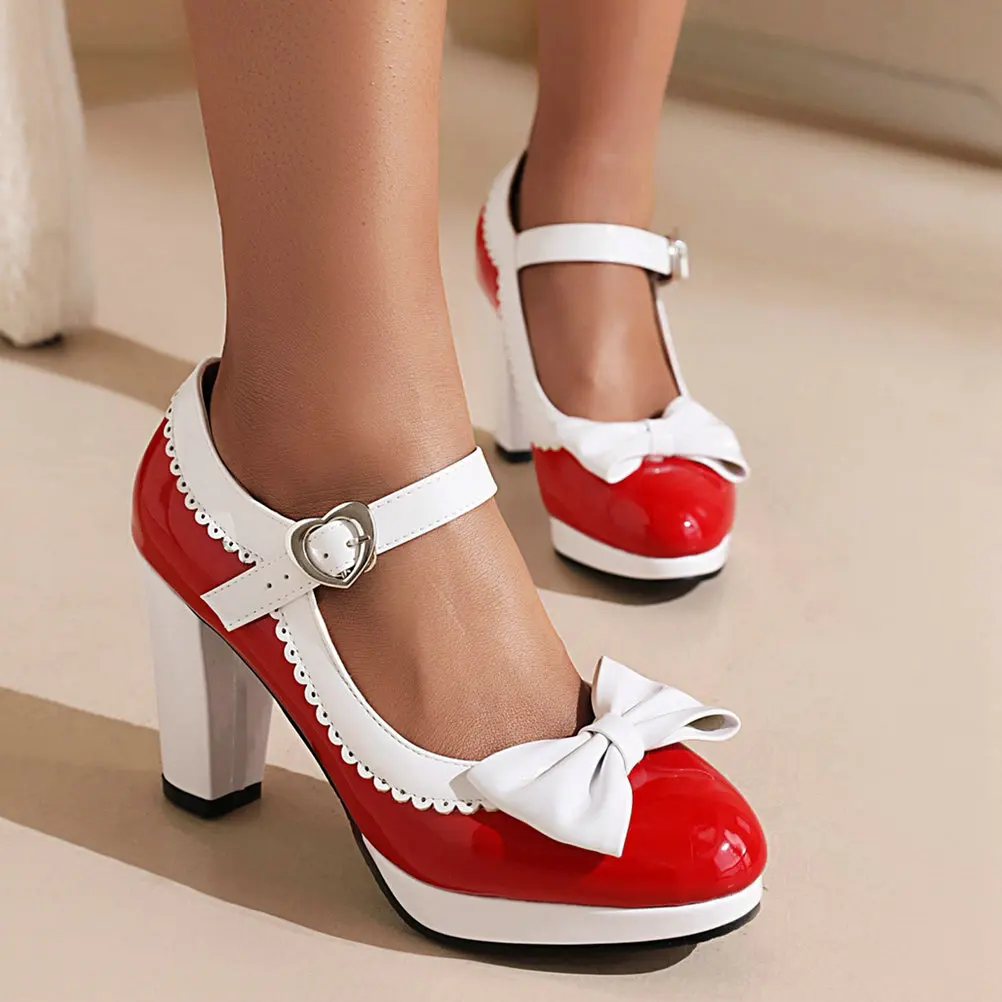 Eokkar Bow Lolita Shoes Patent Leather Mary Janes Block High Heel Platform Pumps Chunky Rockabilly Shoes Wedding Shoes Bride