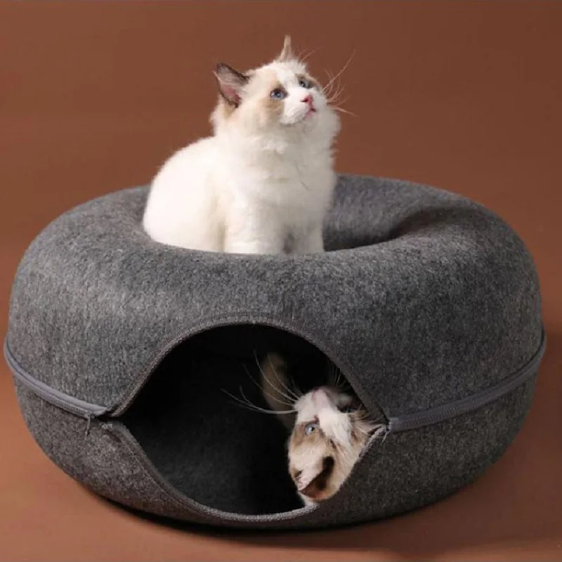 

Pet Tunnel Den Dual Use Basket Kitten Training Nesk Interactive Play Toy House Cat Cave Bed Natural Felt Mat Nest Pet Products