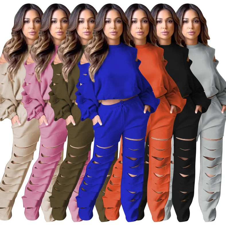 

Соблазнительный комплект из двух предметов, Женский Осенний повседневный костюм, новинка 2022, Лидер продаж, уличный модный спортивный комплект с вырезами, однотонный наряд, F88463